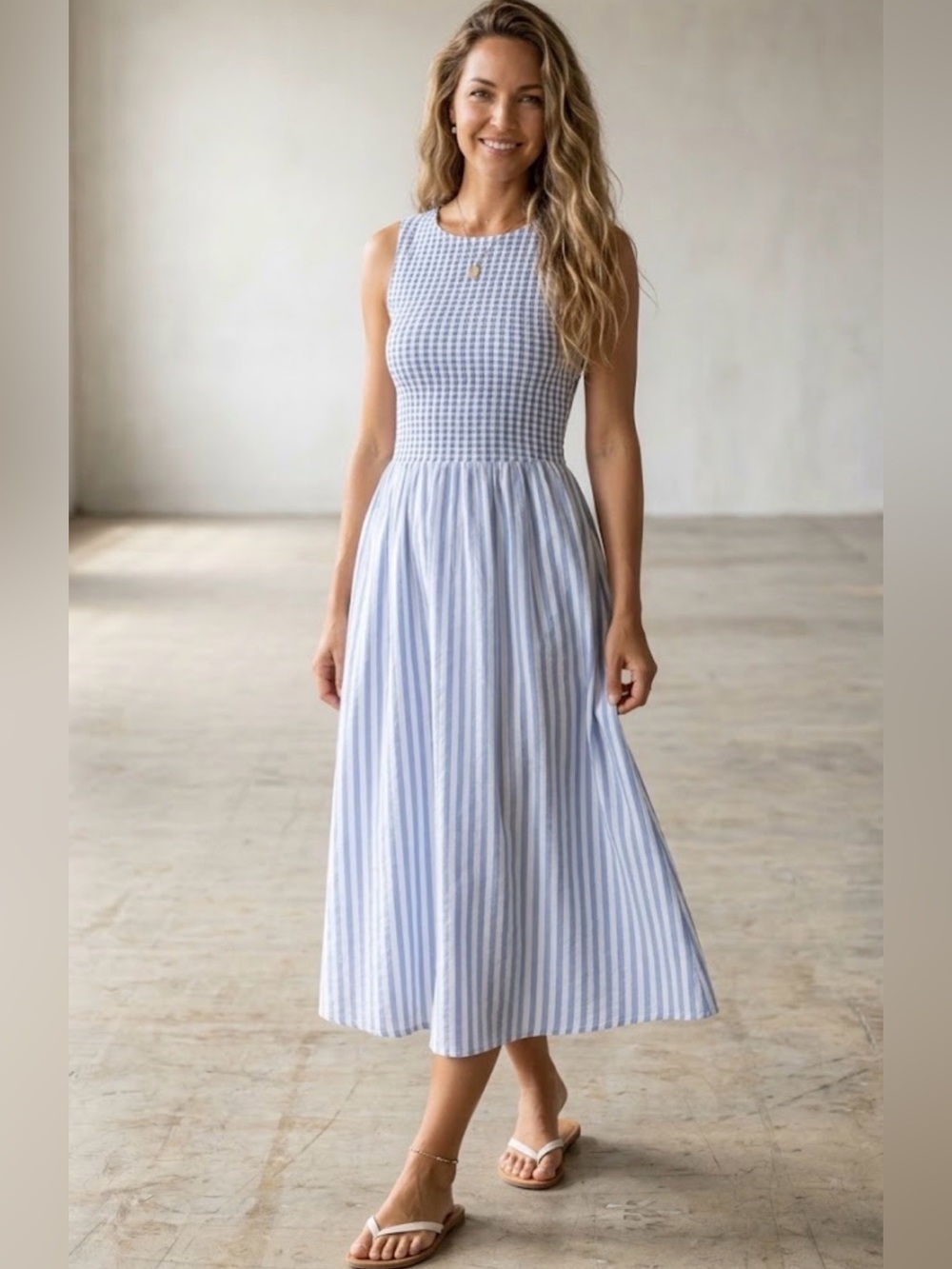 Caroline Constas Blue White Stripe Smocked Cotton Maxi Dress Sleeveless Size XS